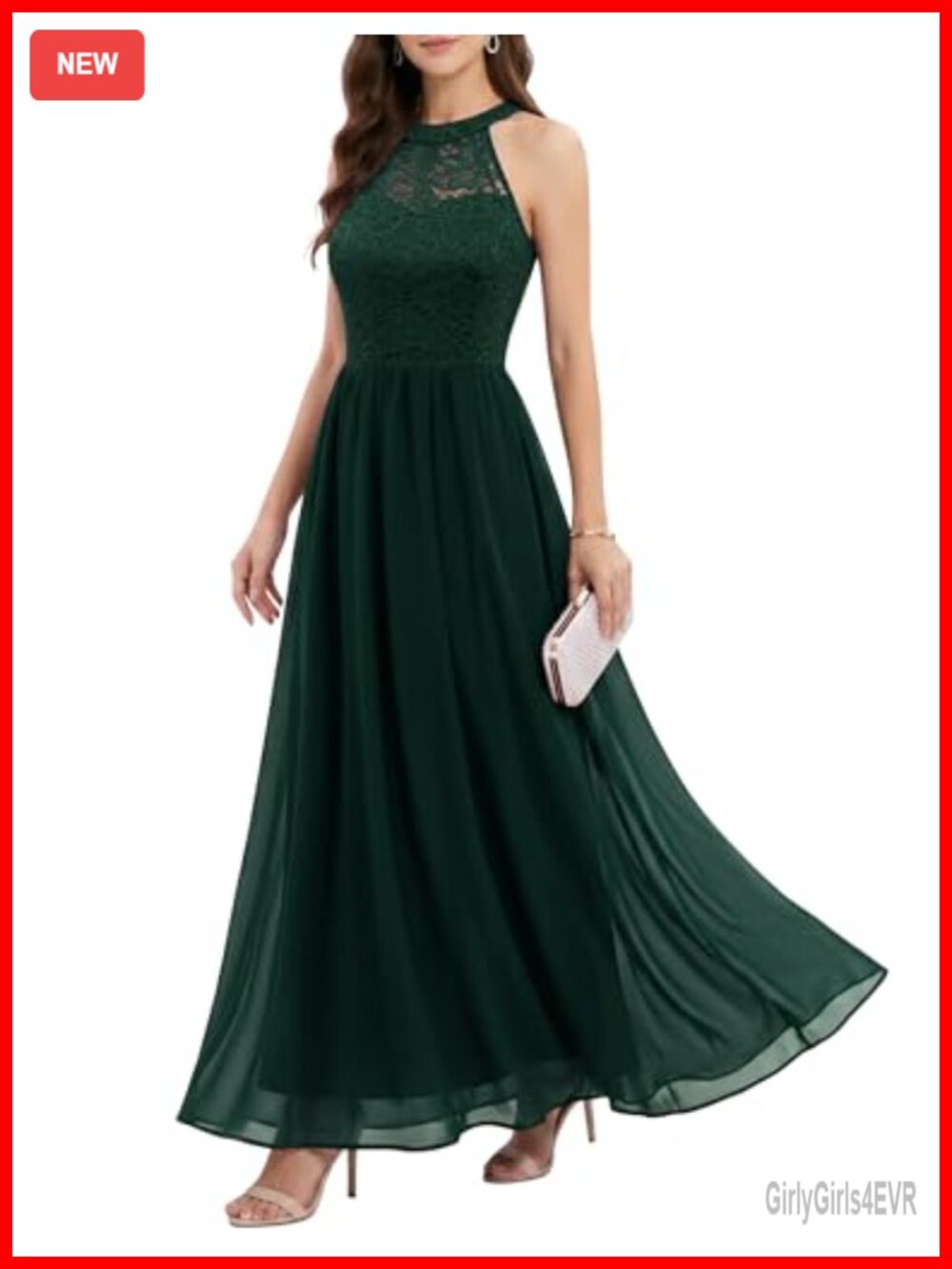 Women's Halter Long Prom Dress Floral Lace Chiffon Formal Bridesmaid Gown